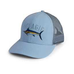 Close-up of embroidered Marlin logo on Pelagic Trucker Hat