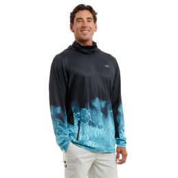 Modèle portant le T-shirt Pelagic Exo-Tech Tahiti à capuche - vue face