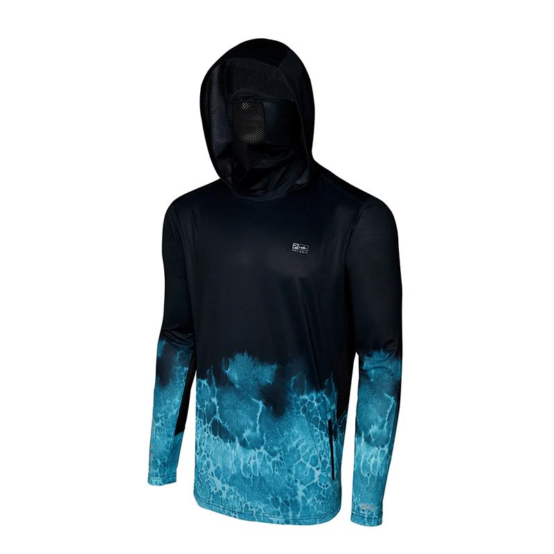 Pelagic Exo-Tech Hooded Shirt Tahiti - Front view with integrated mask Pelagic Exo-Tech Hooded Shirt Tahiti - Front view with integrated mask