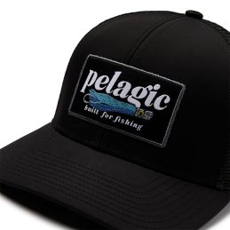 Close-up of the "Built For Fishing" patch on the Pelagic Flybridge black trucker hat