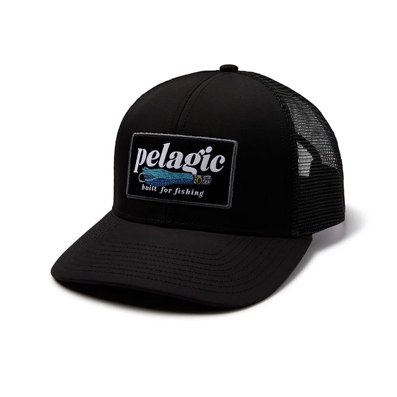 Pelagic Flybridge Built For Trollin black trucker hat front view showing "Built For Fishing" patch Pelagic Flybridge Built For Trollin black trucker hat front view showing "Built For Fishing" patch