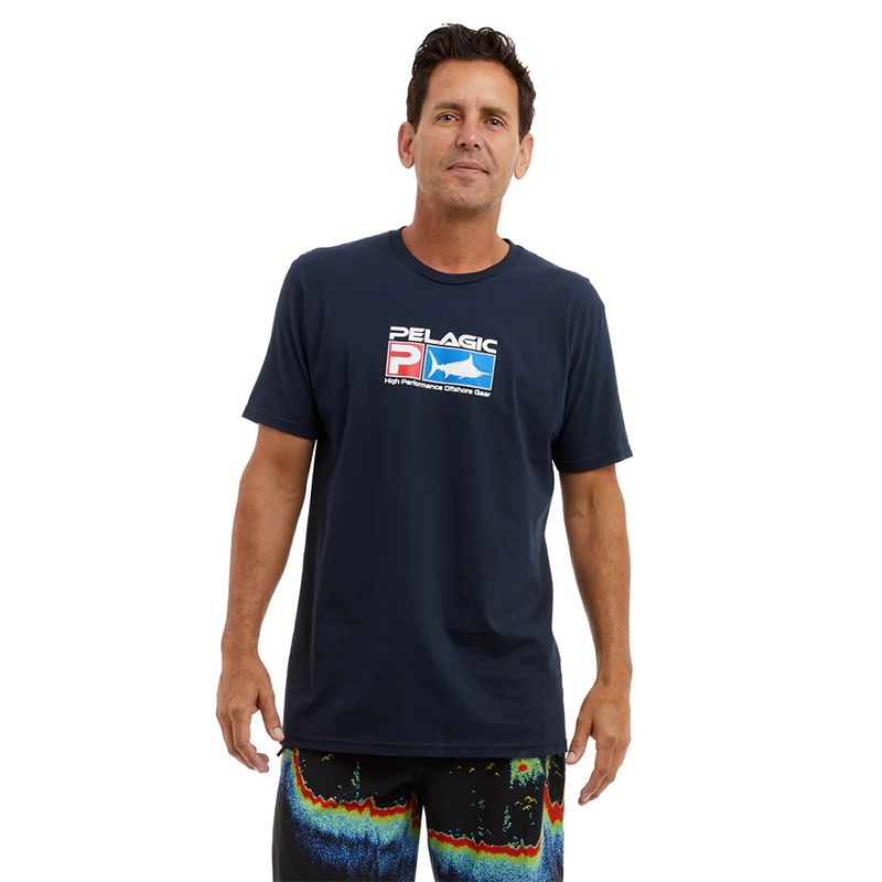 Man wearing Pelagic Deluxe navy Tee front Man wearing Pelagic Deluxe navy Tee front