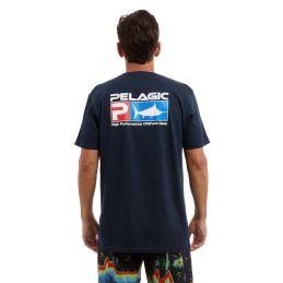 Man wearing Pelagic Deluxe navy Tee back